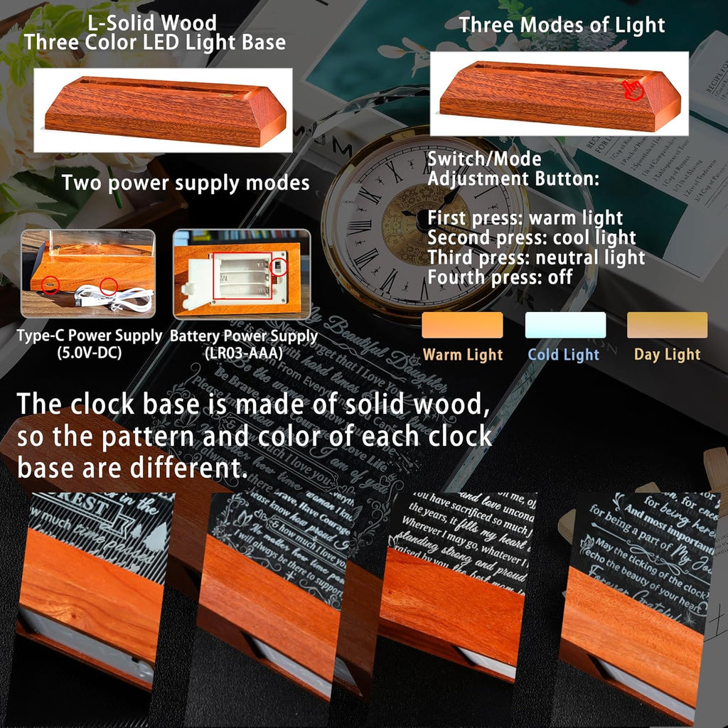 Ornalrist Glass Clock for Daughter - Heartfelt Gift from Mom & Dad with Wooden Base | Warm Light Design