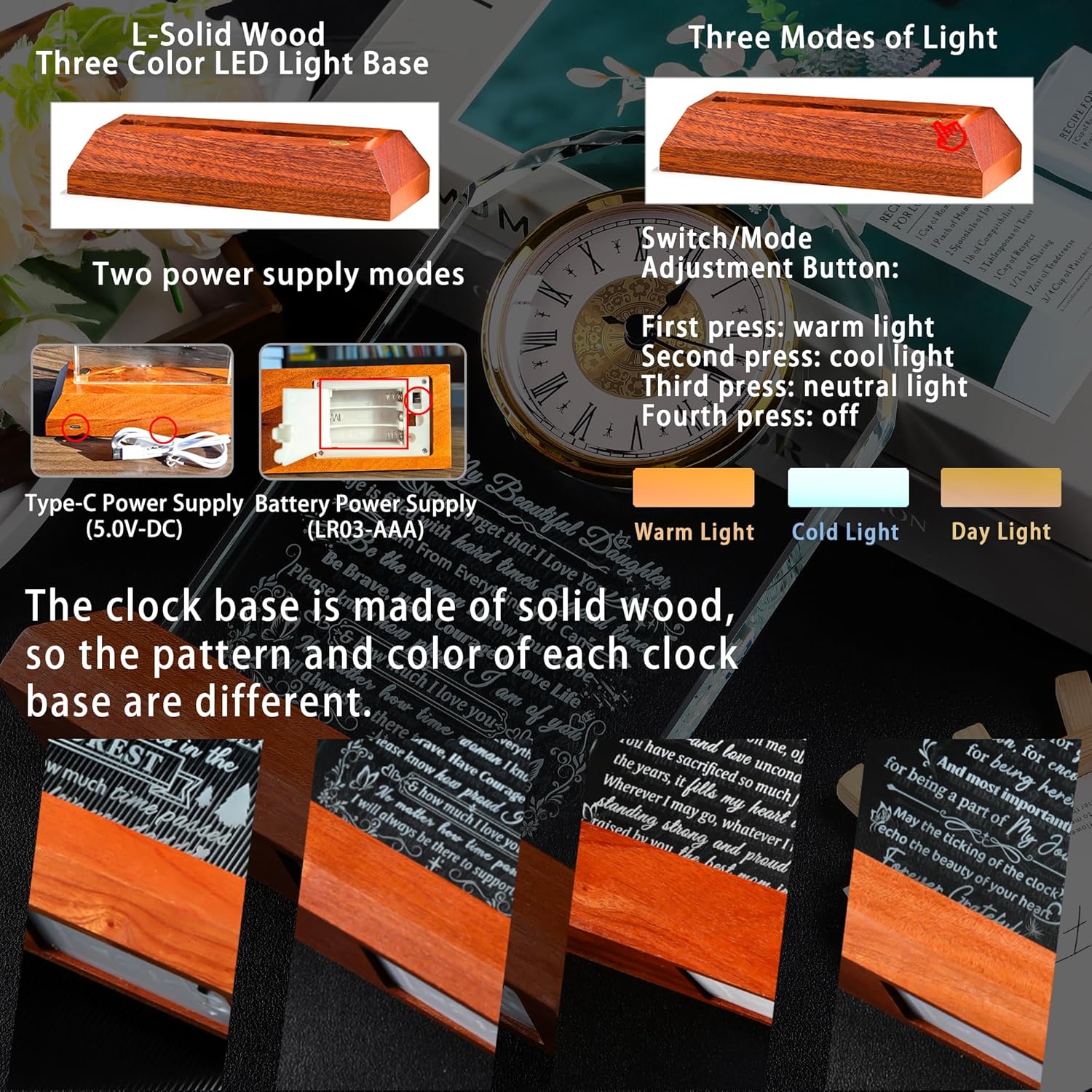 Ornalrist Glass Clock for Daughter - Heartfelt Gift from Mom & Dad with Wooden Base | Warm Light Design