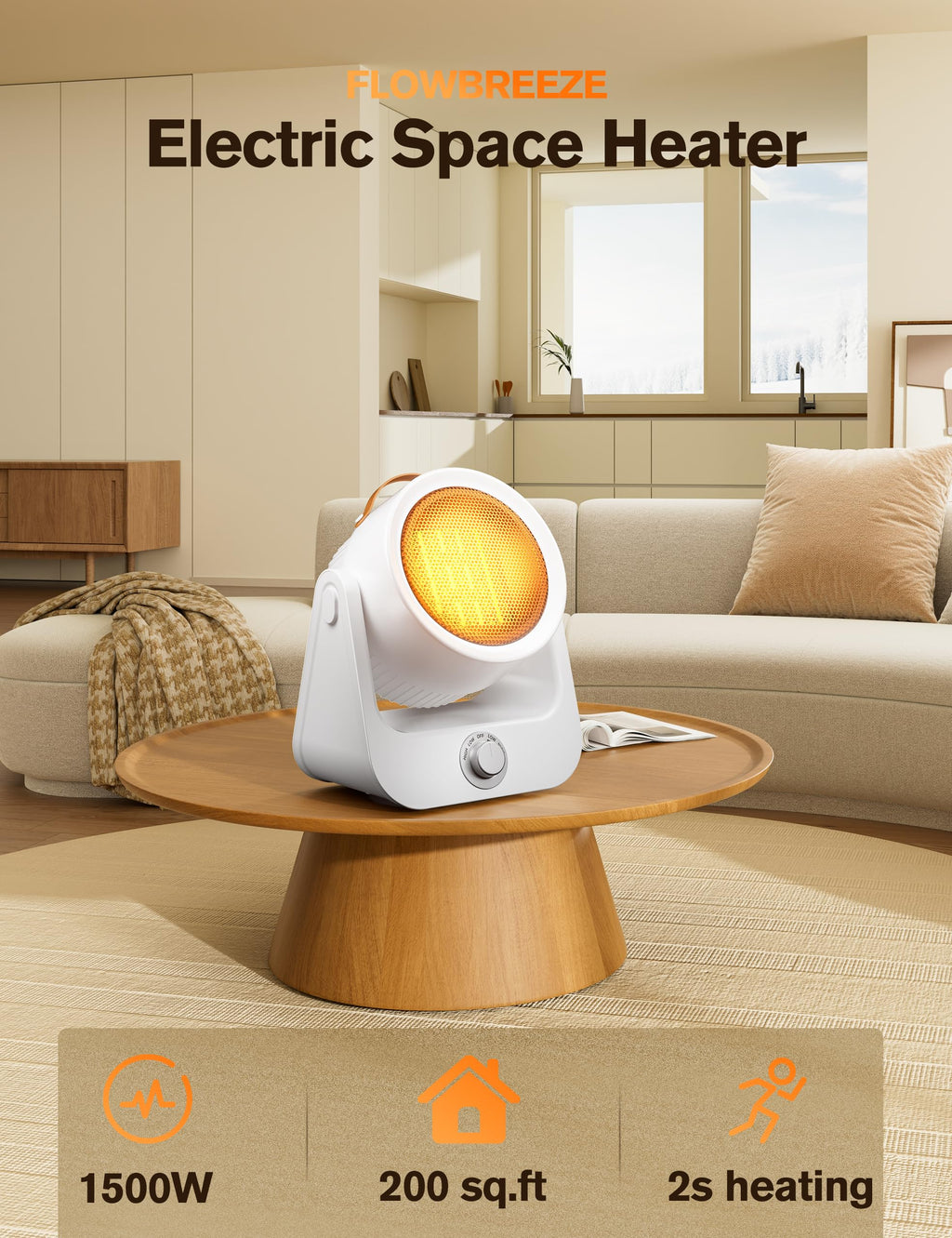 Electric Space Heaters For Indoor Use, 100°unlimited Oscillating, 2S Instant Heating, 1500WPTC Ceramic Electric Patio Heaters For HomeOffice, Tip-Over & Overheat Protection, 2 Heating Modes, SnowWhite