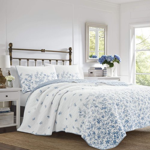 Laura Ashley Home - Queen Quilt Set, Reversible Cotton Bedding with Matching Shams, Pre-Washed Home Decor for Added Softness (Flora Blue, Queen)