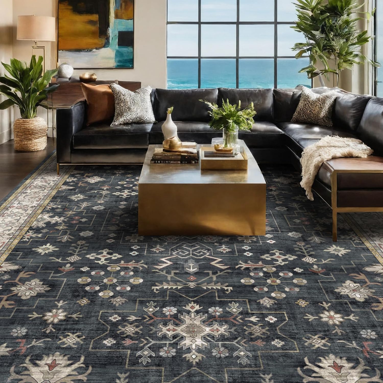 Skiennix Black Farmhouse Area Rug - Washable 8x10 for Living Room, Bedroom & Dining Room | Stain Resistant Non-Slip