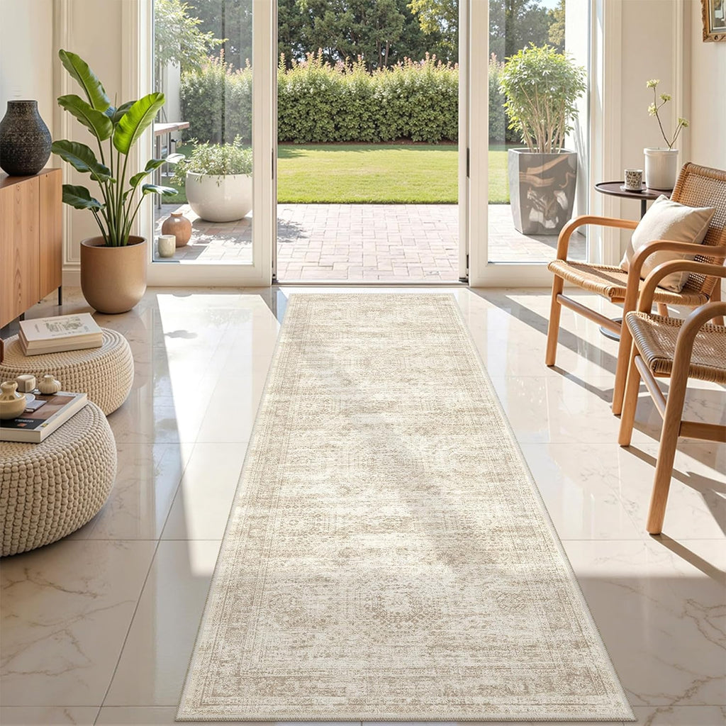 Skiennix Rug Runners for Hallways - Non-Slip 2x8 Runner Rug, Washable Soft Low-Pile Carpet in Beige/Ivory