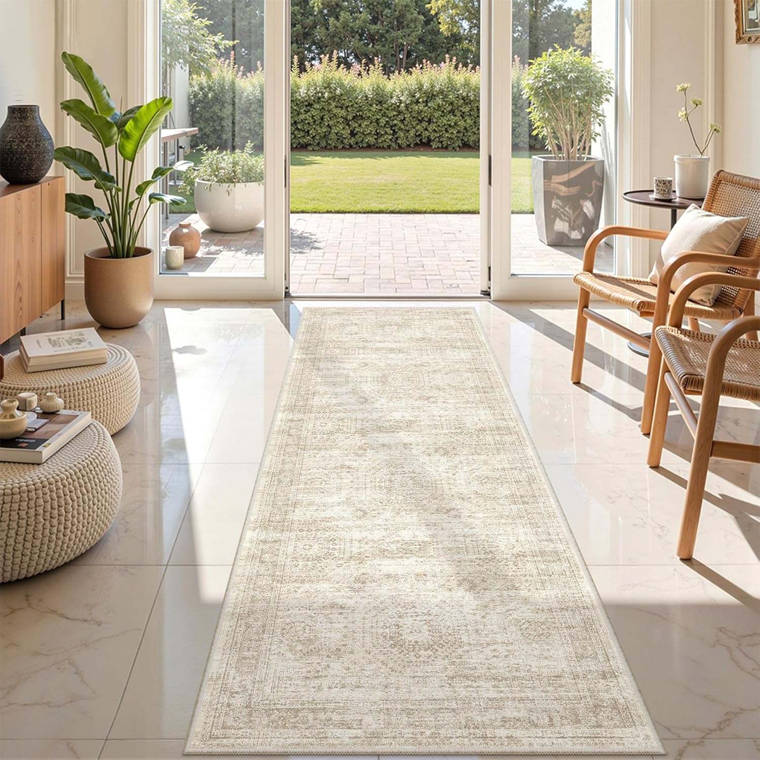 Skiennix Rug Runners for Hallways - Non-Slip 2x8 Runner Rug, Washable Soft Low-Pile Carpet in Beige/Ivory