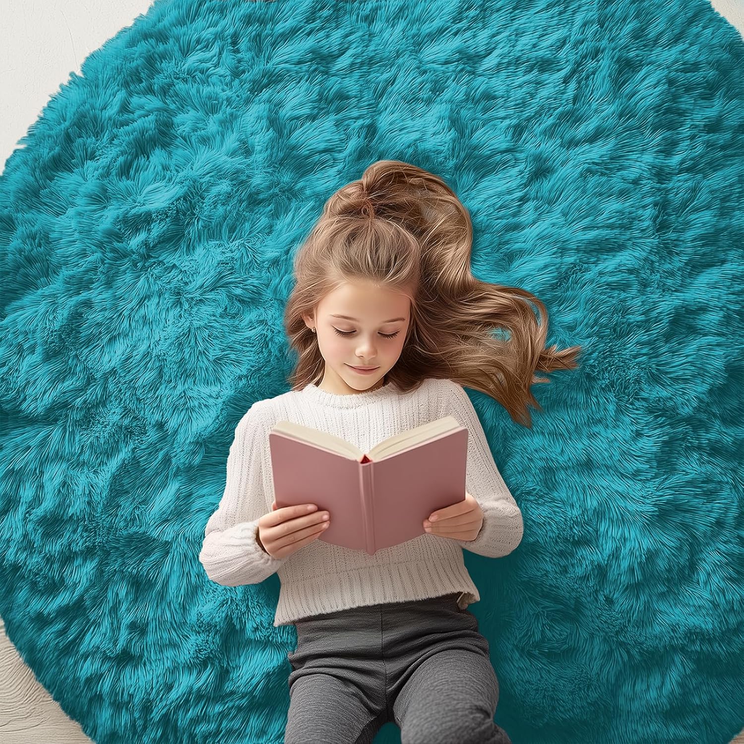 OLANLY Teal Round Area Rug - Soft, Fluffy, Machine Washable 5 ft Circle Carpet for Bedroom & Living Room