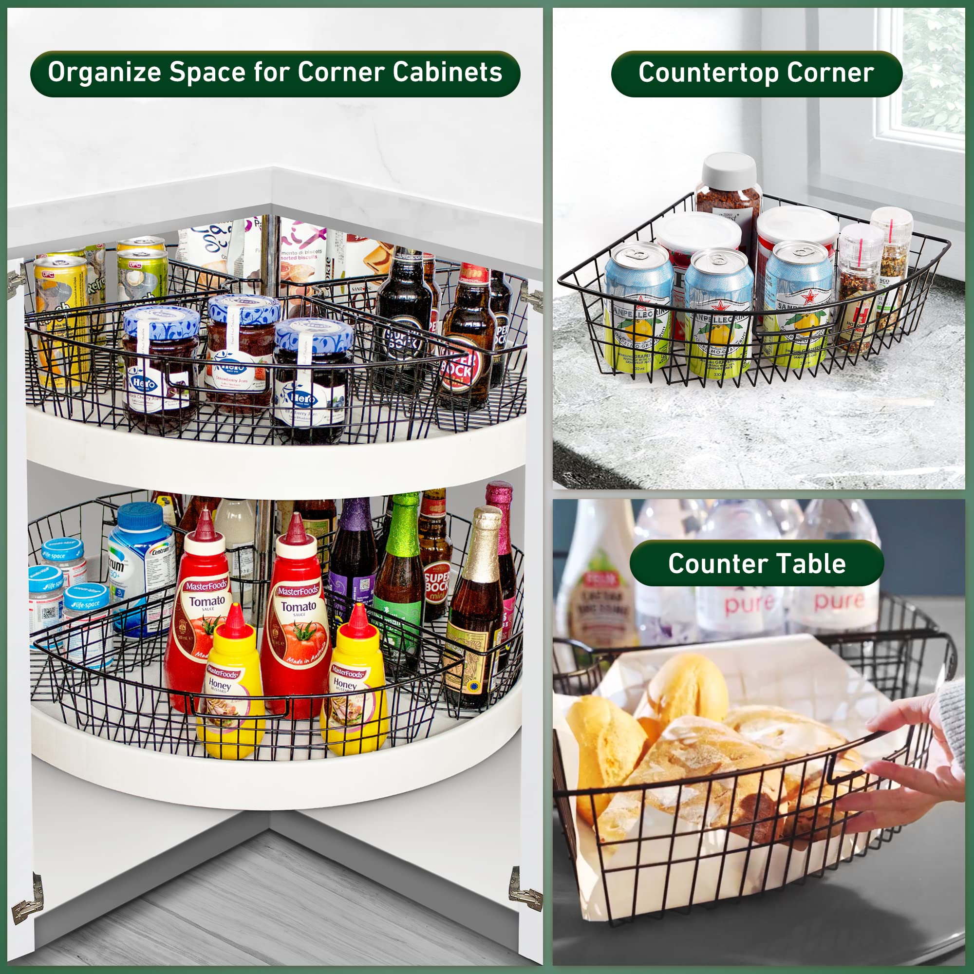 Leeden Lazy Susan Wire Storage Organizer Basket with Handle-Metal Cabinet Storage Bins -Kitchen Cabinet Organizer-1/4 Wedge Can Organizer Black (for 24" Lazy Susan, 4 Pack)
