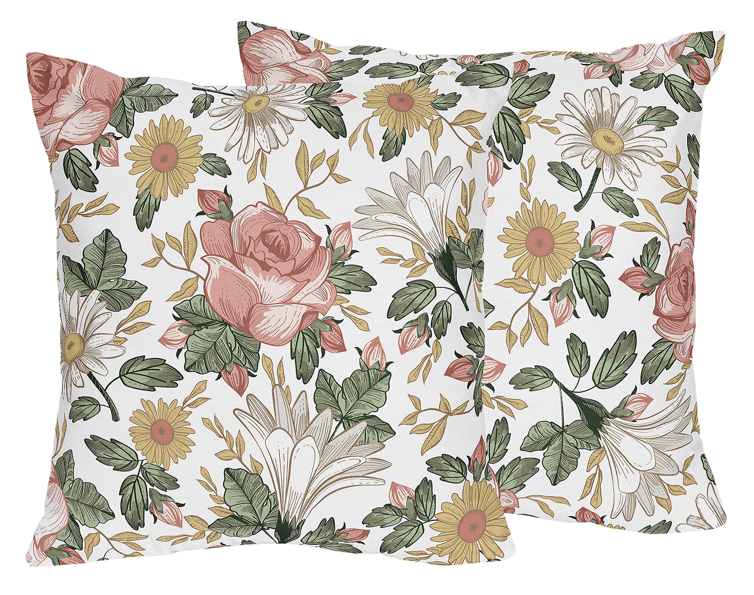 Sweet Jojo Designs Vintage Floral Boho Girl Decorative Throw Pillow Covers Couch Bed Square Home Decor Accent Set of 2 18x18 Pillows NOT Included Blush Pink Yellow Green Bohemian Shabby Chic Farmhouse