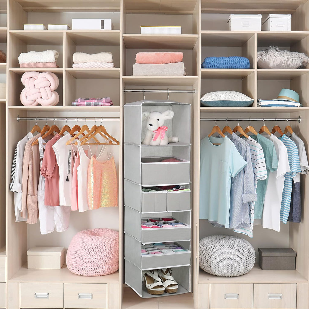 Simple Houseware 6-Shelf Hanging Closet Organizer - Gray with 5 Storage Drawers