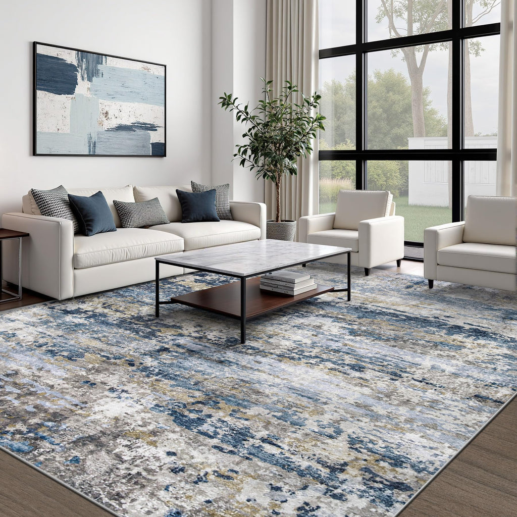 pmtsns Area Rugs 8x10 for Living Room: Washable Rug Modern Abstract Neutral Soft Non-Slip Low-Pile Indoor Large Carpet for Bedroom Dining Room Home Office Children's Room(Blue Grey Brown, 8'x10')