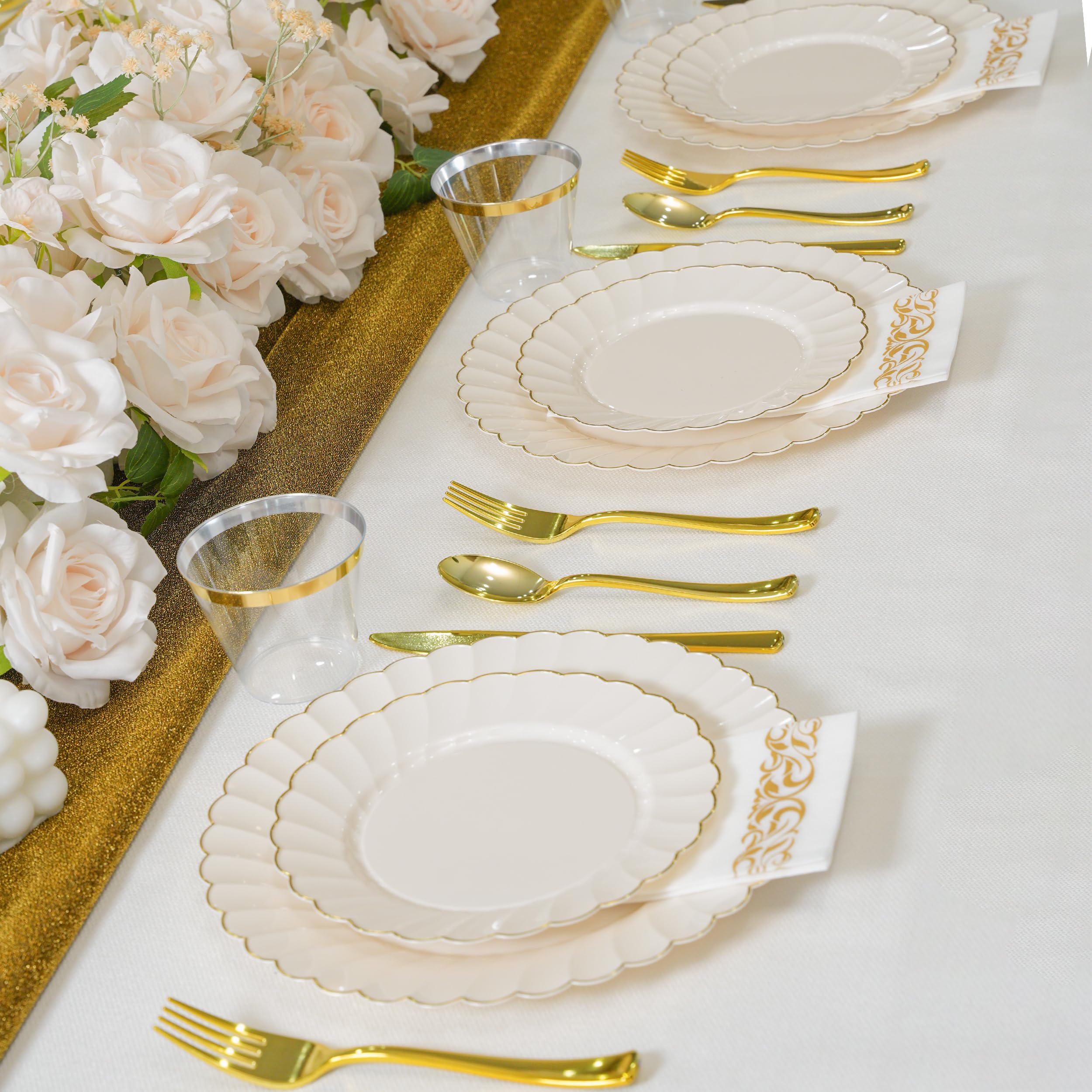 ISFANGCO175PCS Ivory Fancy Disposable Dinnerware Set-Ivory Scalloped Plastic Plates with Gold Rim -25 Dinner&25Dessert Plates, 75 Silverware Set, 25 Napkins and 25 Cups（25 Guests）