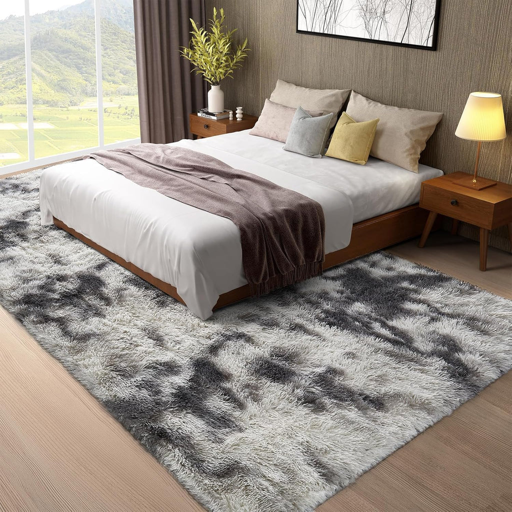 Ophanie Tie-Dyed Grey & White Area Rug - Large Soft Shag Carpet for Living Room & Nursery Decor