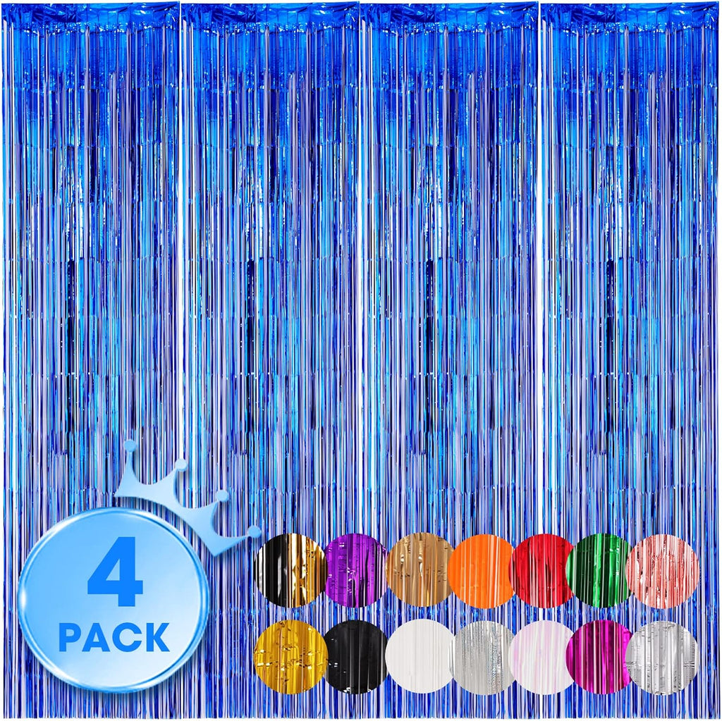 Voircoloria Blue Foil Fringe Backdrop Curtains - 4 Pack Tinsel Streamers for Parties & Events