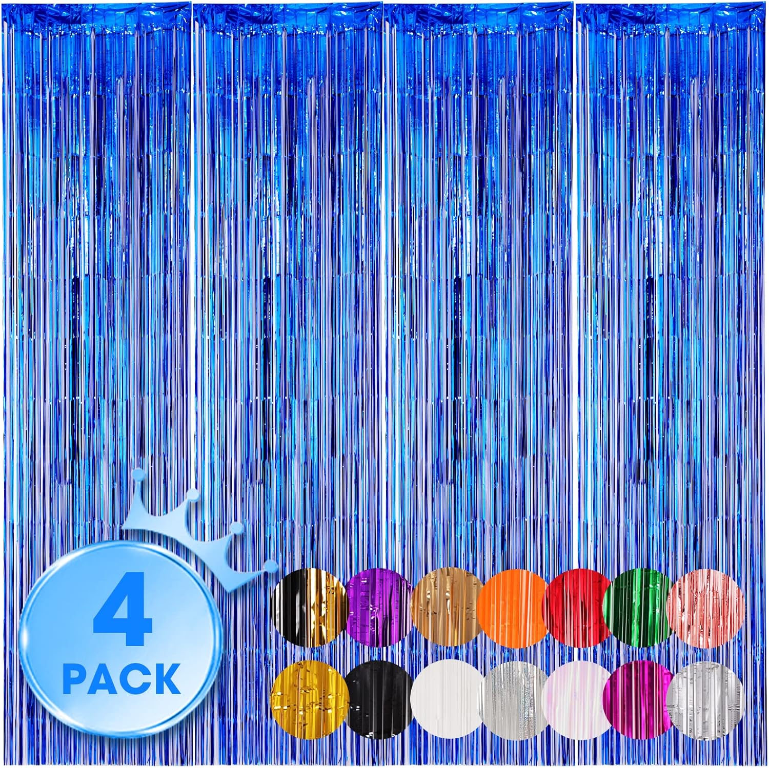 Voircoloria Blue Foil Fringe Backdrop Curtains - 4 Pack Tinsel Streamers for Parties & Events