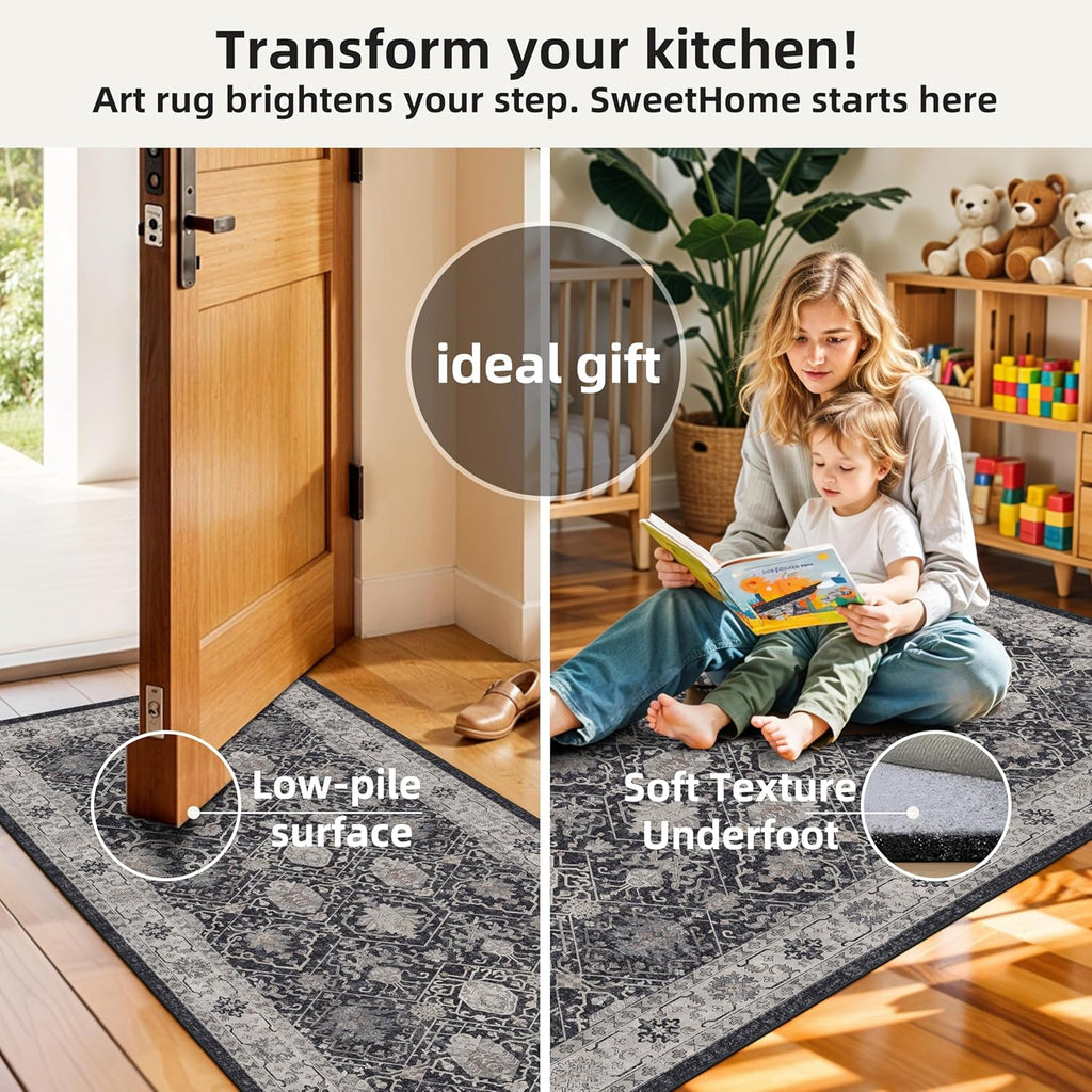Skiennix Kitchen Sink Rugs Set - Washable Non-Slip Mats for High Traffic Areas | Soft Stain Resistant (2x3 + 2x4, Black)