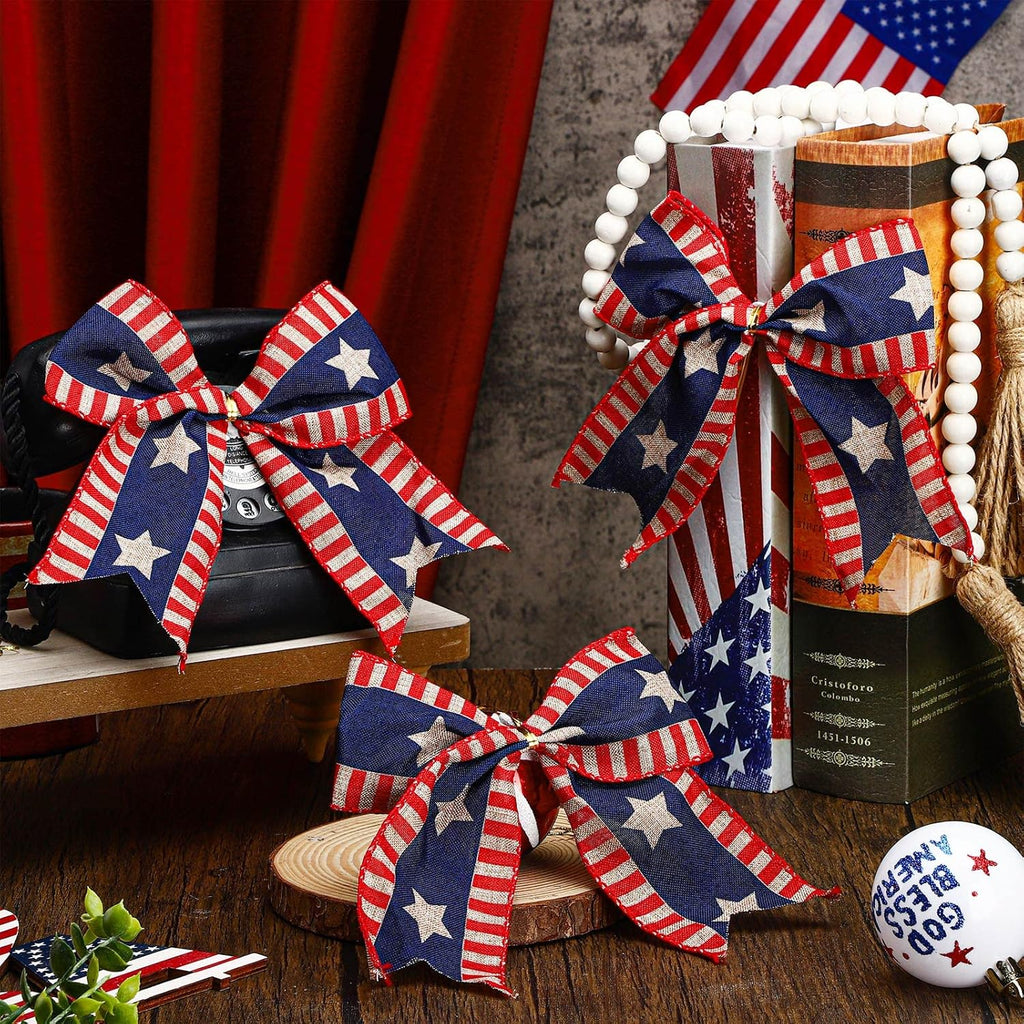 Skiennix 12 Pcs 4th of July Bows - Large Patriotic Burlap Decor for Independence Day | Red, White & Blue