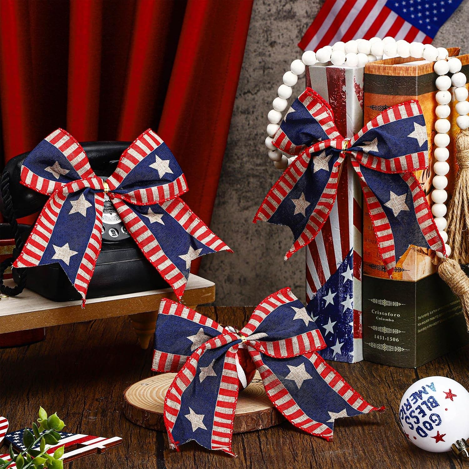 Skiennix 12 Pcs 4th of July Bows - Large Patriotic Burlap Decor for Independence Day | Red, White & Blue