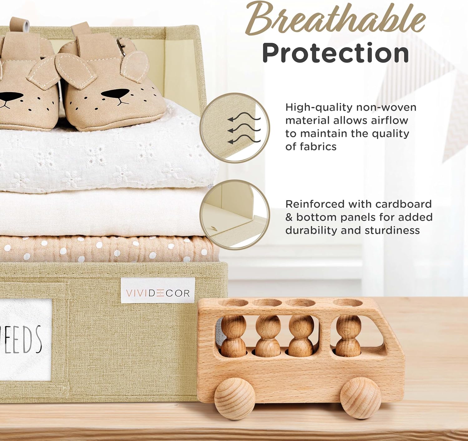 VIVIDECOR Trapezoid Storage Bins - 3-Pack Foldable Fabric Closet Organizers | Beige Cube Baskets for Clothes