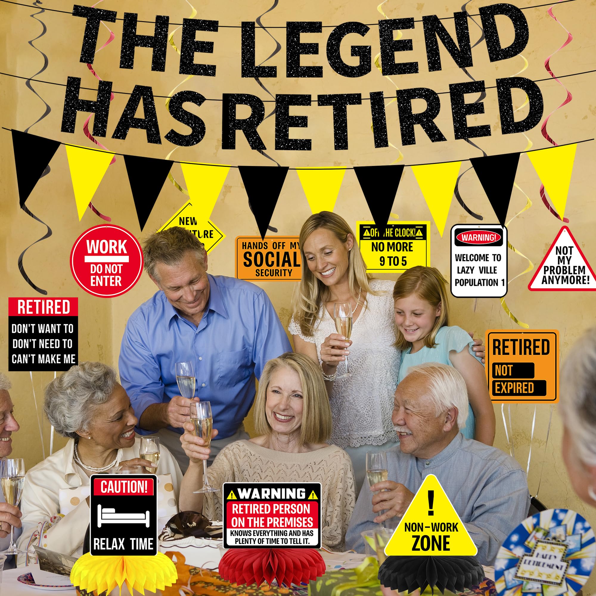 Roetyce Retirement Decorations Men Women, Caution Happy Retirement Banner Hanging Swirls Centerpieces Kit, Funny Legend Retired Party Supplies Backdrop for Coworker Family