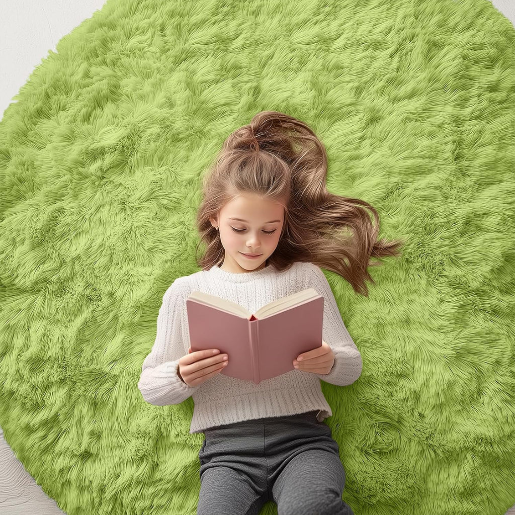 OLANLY Round Grass Green Area Rug - Soft, Fluffy, Machine Washable 5 ft Circle Carpet for Bedroom & Living Room