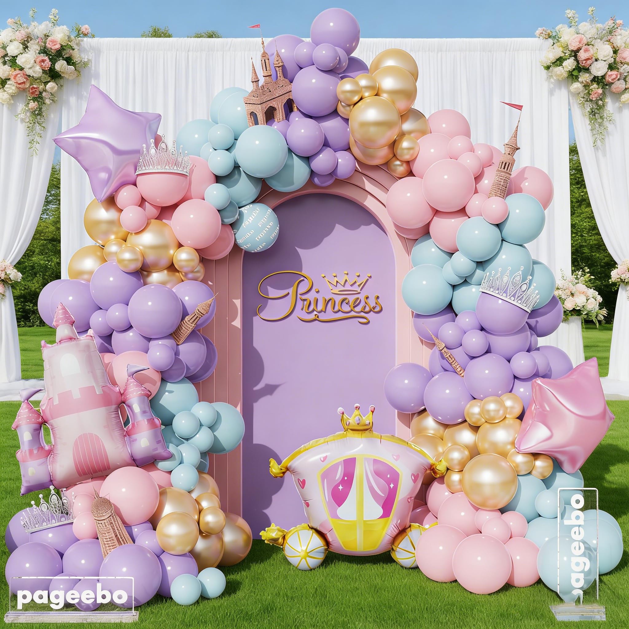 PageebO Princess Balloon Garland Arch, 154Pcs Pastel Blue Pink Purple Gold Balloons with Castle Carriage Star Foil Balloons for Girls Princess Rainbow Baby Shower Birthday Fairytales Party Decortion
