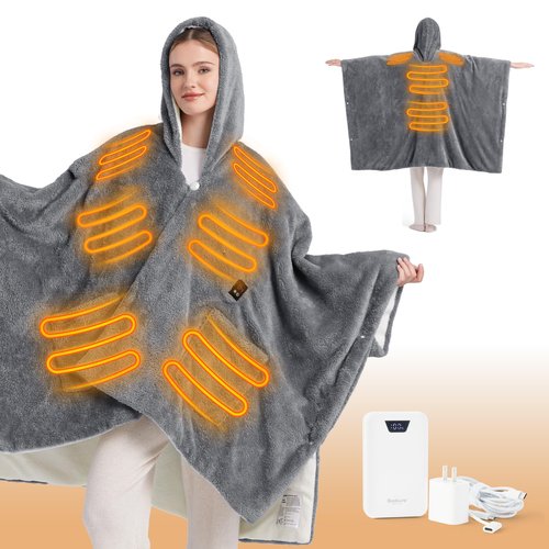 Bedsure Cordless Heated Blanket - Fluffy Electric Wearable Blanket Hoodie with 20000mAh Battery Pack, Portable USB Heated Shawl as Winter Gifts for Women Mom, 4 Heat Levels & 4 Timers, 55"x69", Grey