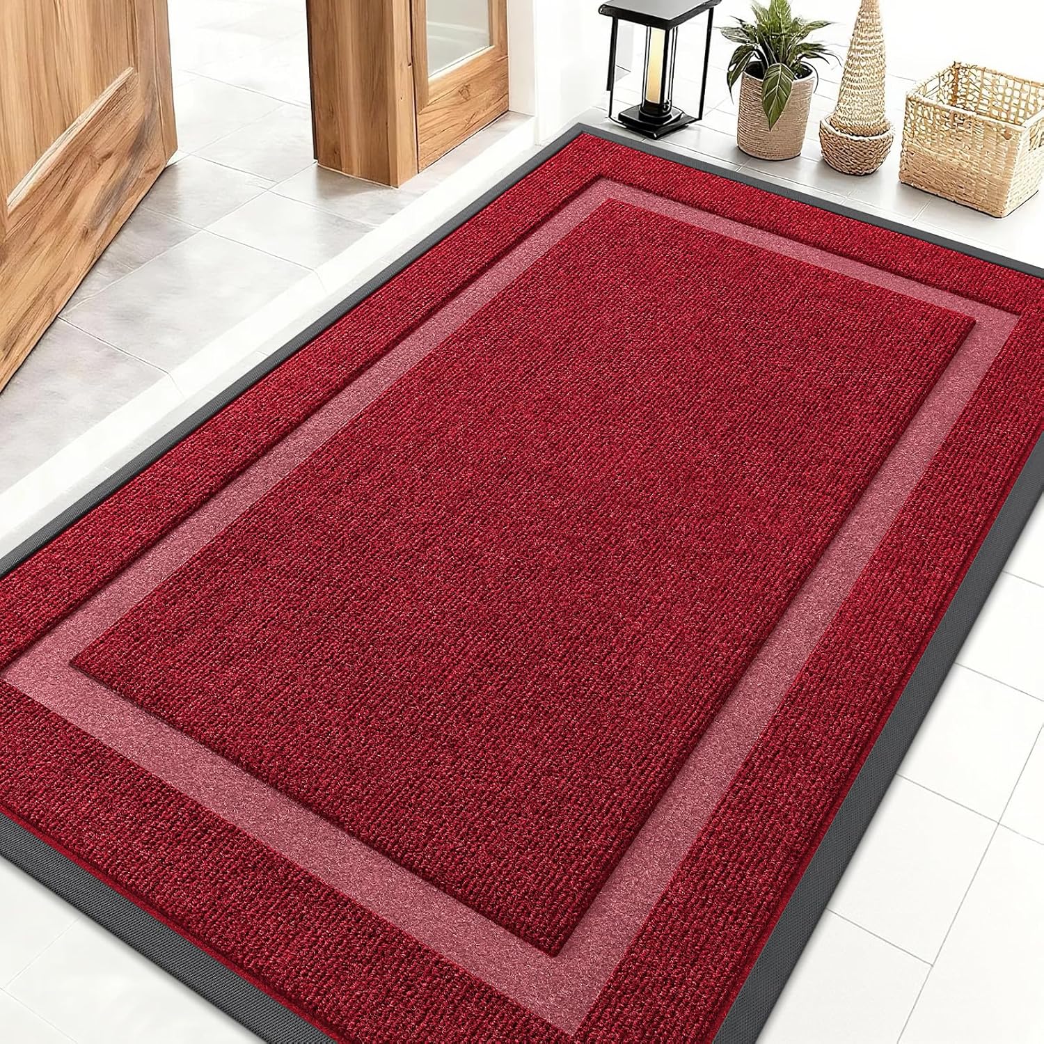 OLANLY Waterproof All-Season Front Door Mat - Sturdy Natural Rubber, Easy Clean, 47x32, Wine Red