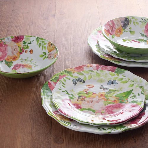 UPware 16 Piece Rose Garden Melamine Dinnerware Sets, Outdoor Dishes Set, Plates and Bowls Sets, Service for 4, Multicolor