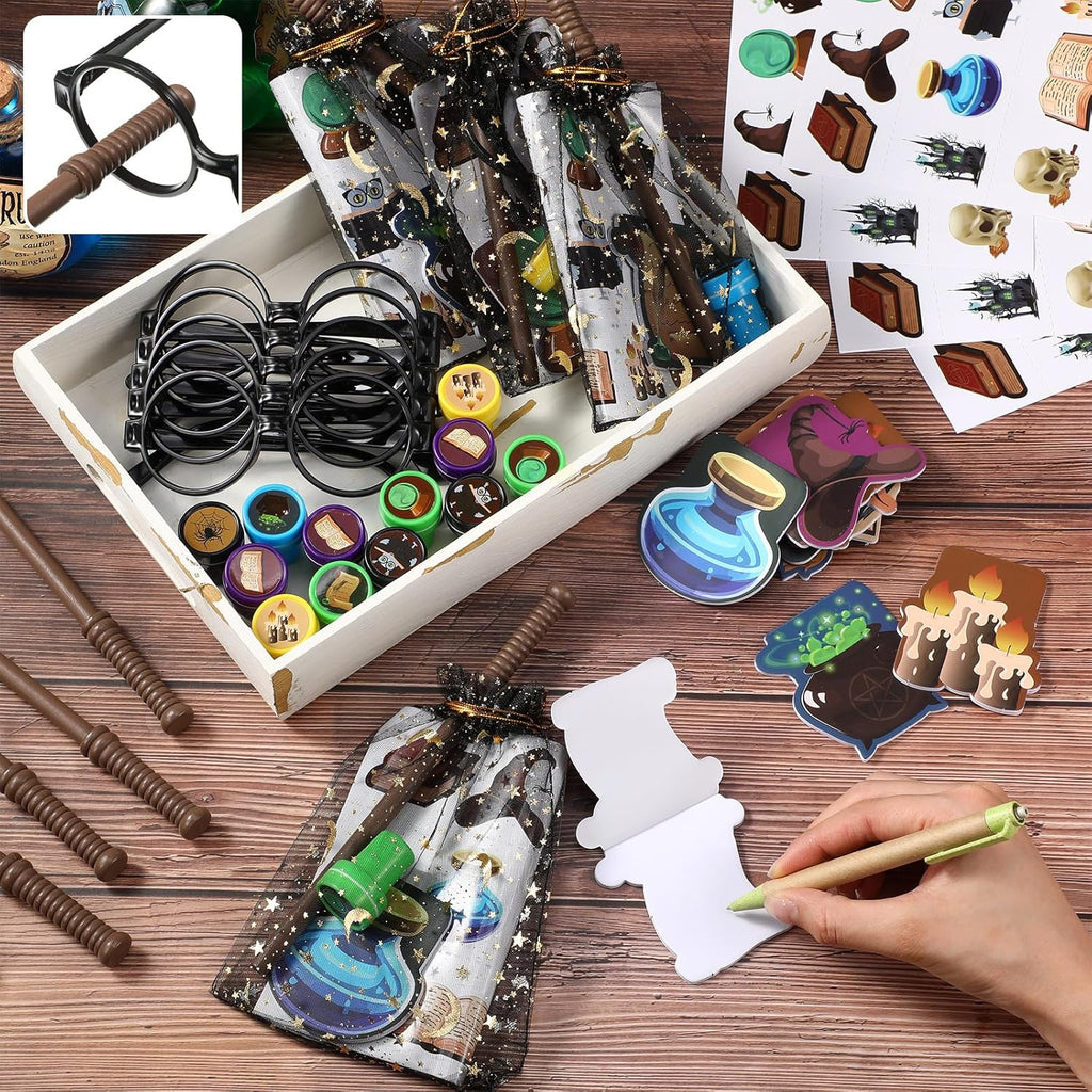 Pasimy Wizard Party Favors - 144 Pcs Magical Goody Bag Set with Mini Notebook, Glasses & Stickers