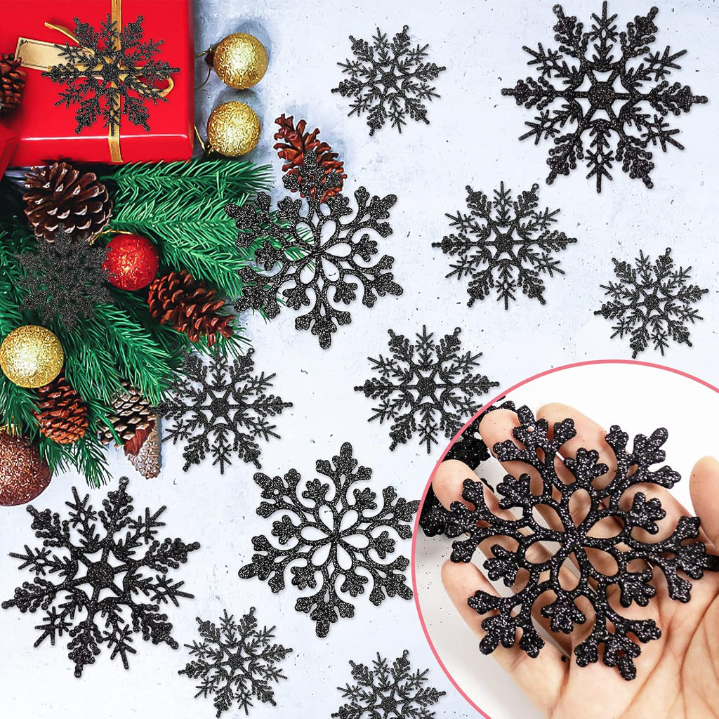 Skiennix 36-Piece Black Christmas Snowflake Ornaments - Glittery Plastic Decor for Holiday Trees & Parties