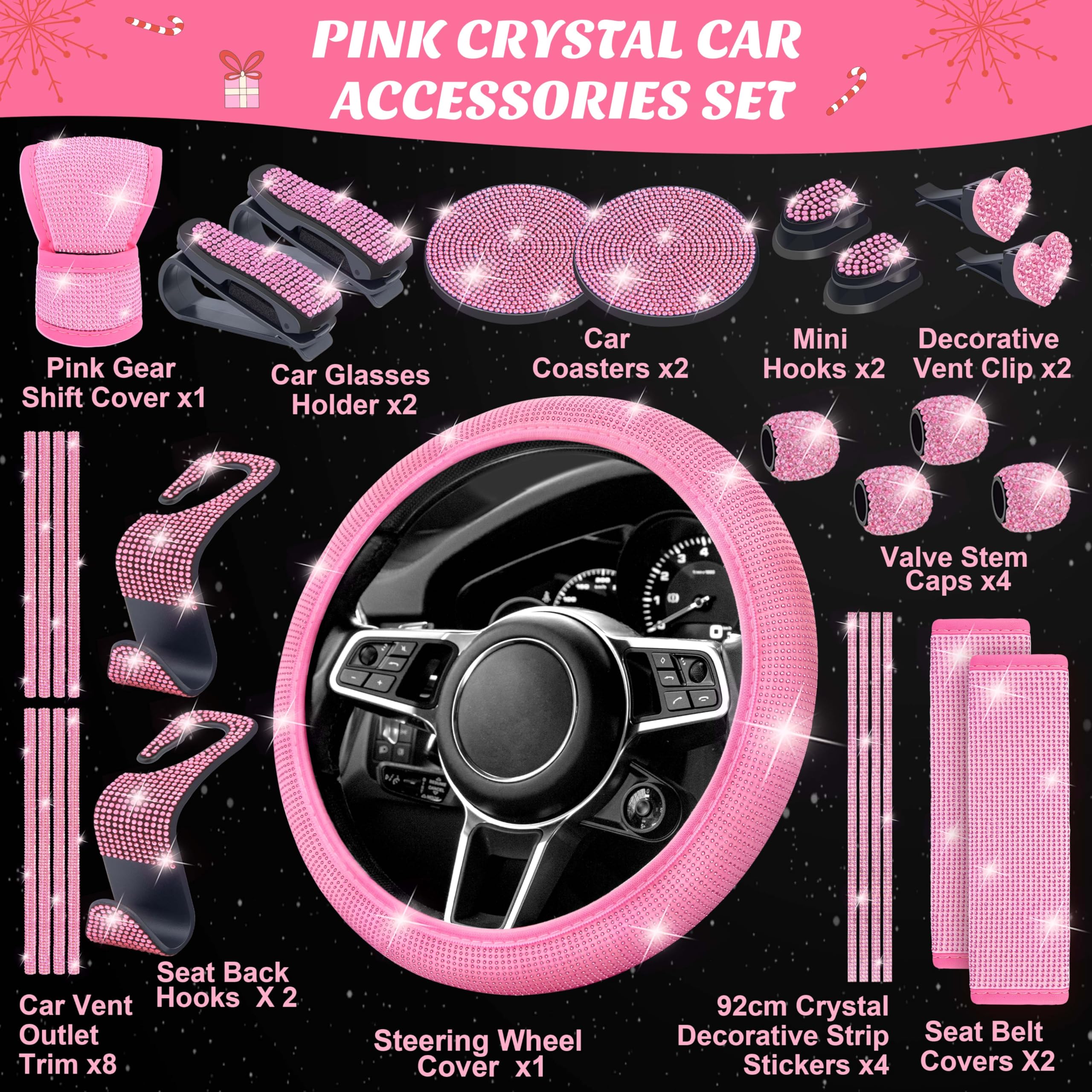 Pink Car Accessories Advent Calendar 2025 for Women - 24 Days of Pink Gift Set, Christmas Countdown Calendar with Sparkly Interior Décor, Luxury Holiday Gifts for Wife, Girlfriend, Mom, Coworker