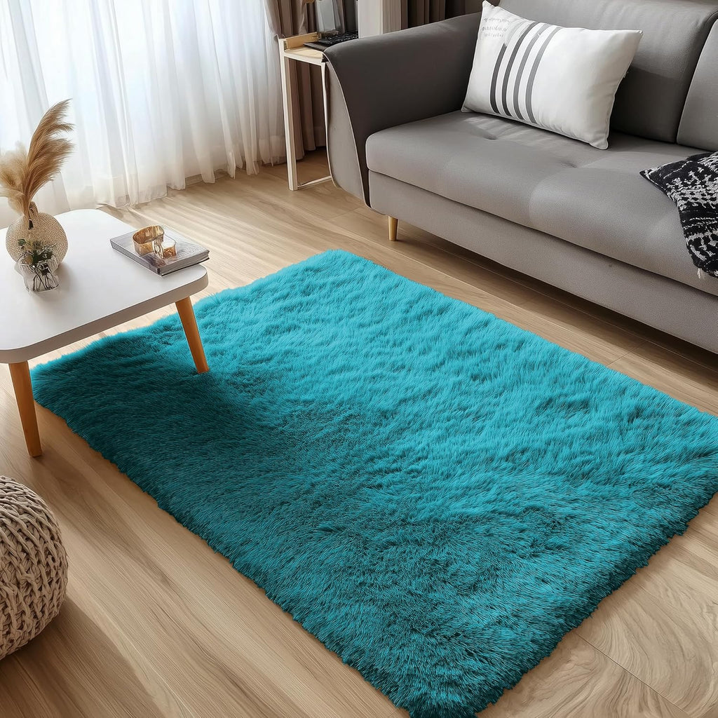 OLANLY 3x5 Soft Fluffy Shaggy Bedside Rug - Machine Washable Indoor Carpet for Kids & Nursery | Teal