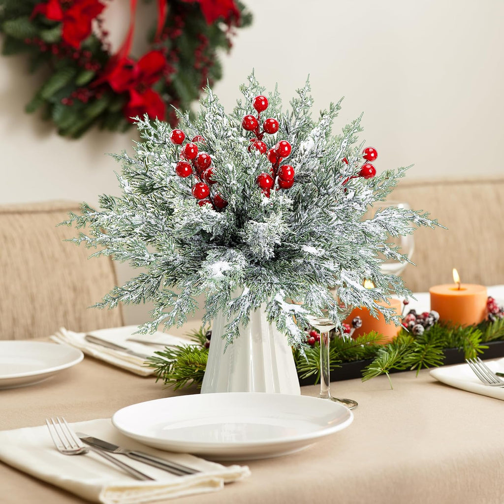 Skiennix 45 Pcs Artificial Christmas Snow Pine Branches - Snowy Faux Greenery with Red Berry Stems for Festive Home Decor