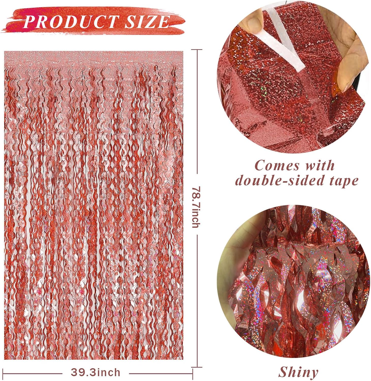 Rose Gold Tinsel Foil Fringe Curtain - Sparkling Wavy Backdrop for Parties & Events