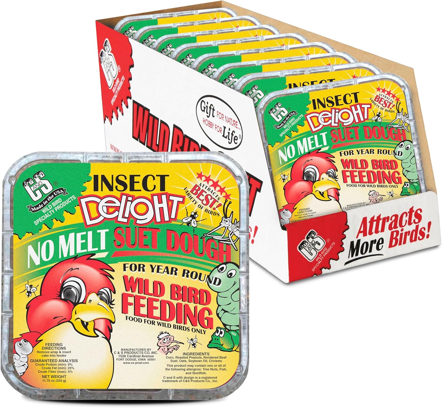 C&S Insect Delight Suet Cakes - No Melt Formula for Wild Birds | 11.75 Ounces, Pack of 8