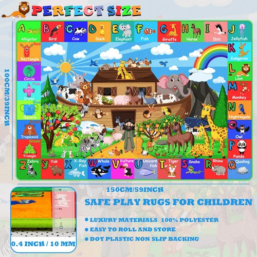 DINSUMRUG ABC Kids Rug for Playroom 59×39.4 in Noah's Ark Animals Rug Baby Play Mat Alphabet Mat Shape Color Classroom Carpet Kids Playroom Early Learning Carpet for Preschool Toddlers Tummy Time