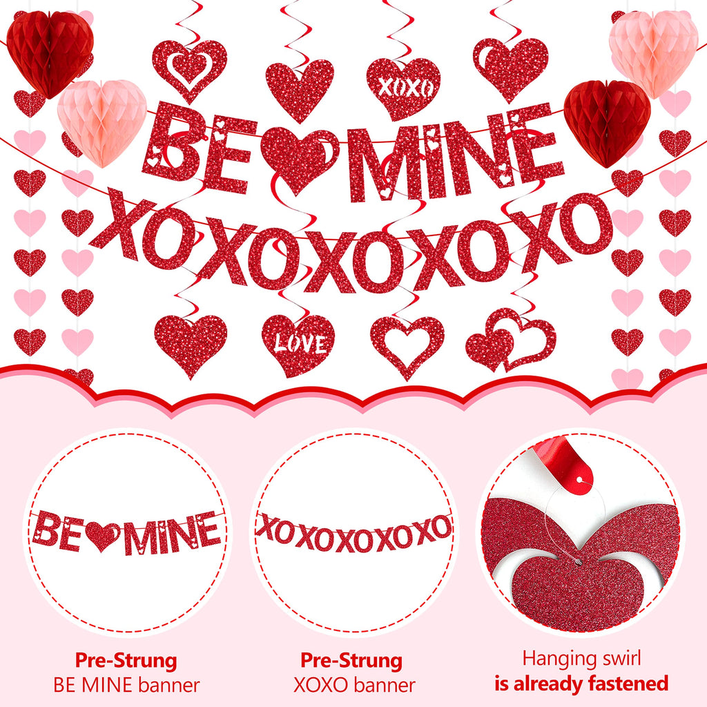 Pre-Strung Valentines Day Decorations, Red BE Mine XO Valentine's Banner,Heart Garlands & Hanging Swirls & Heart Honeycomb for Party Supplies, Valentines Decor Home Anniversary Wedding Bedroom