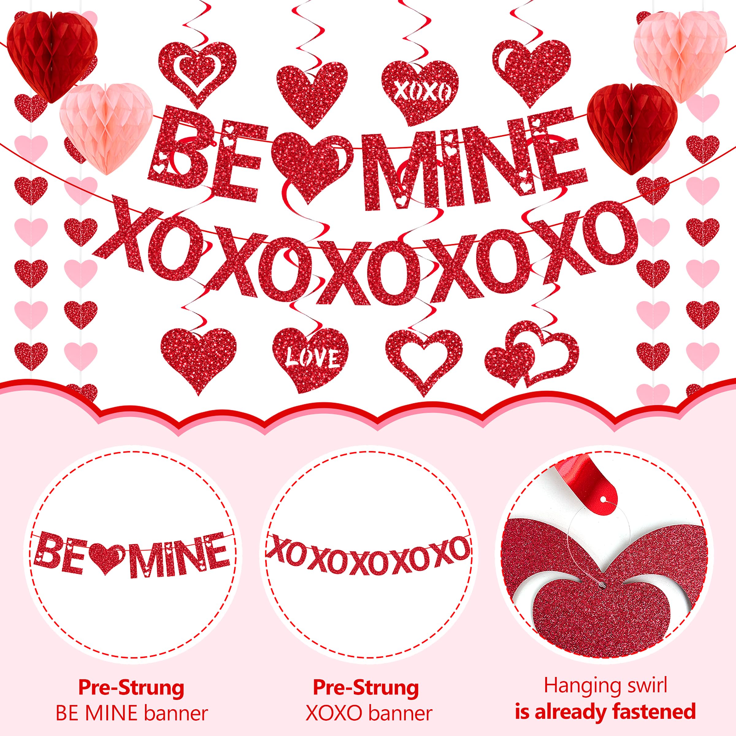 Pre-Strung Valentines Day Decorations, Red BE Mine XO Valentine's Banner,Heart Garlands & Hanging Swirls & Heart Honeycomb for Party Supplies, Valentines Decor Home Anniversary Wedding Bedroom