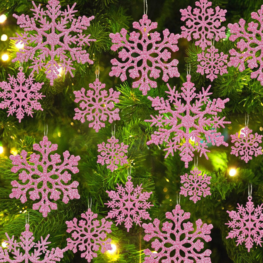 Skiennix 36-Piece Christmas Light Pink Snowflake Ornaments - Glittery Plastic Decorations for Winter Trees