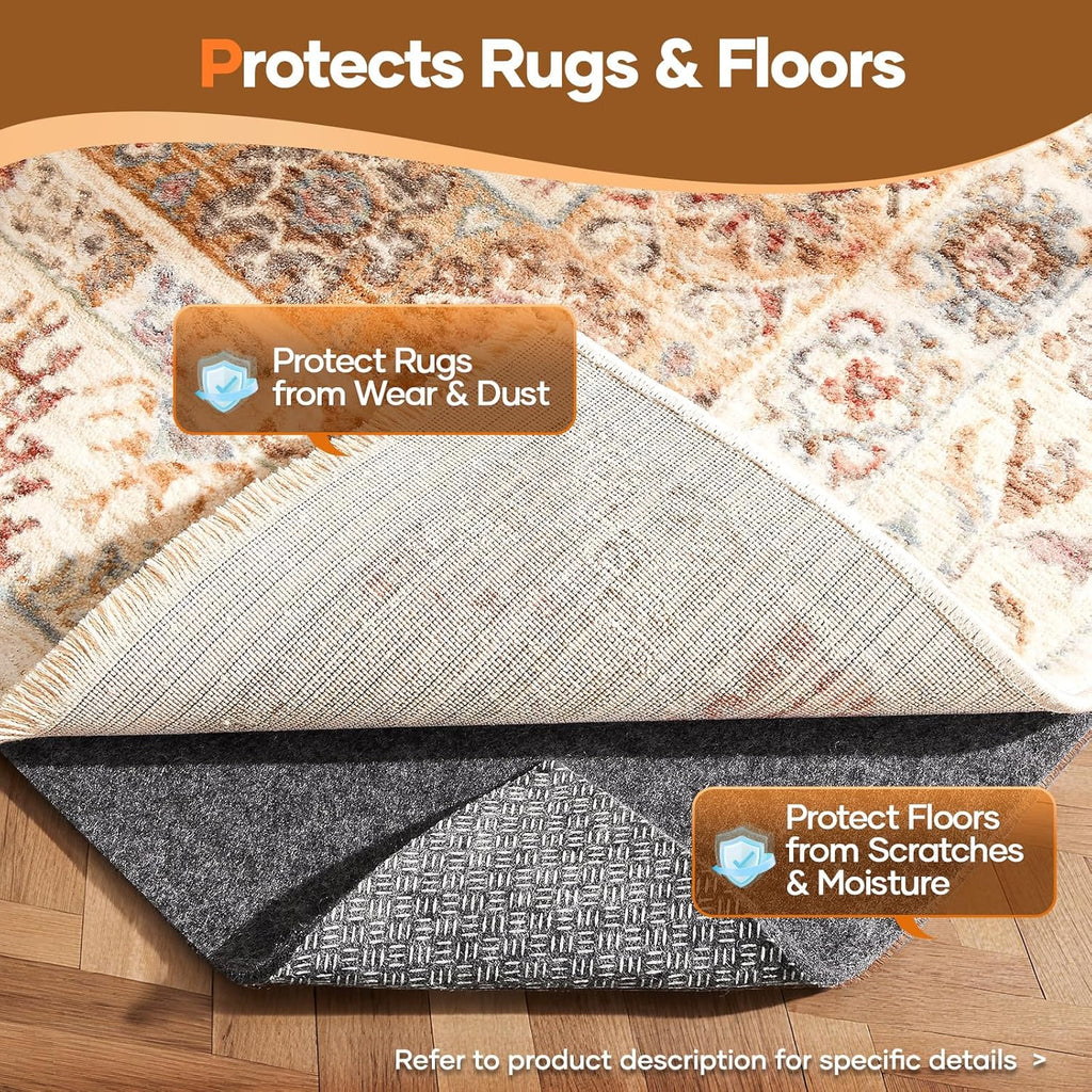 Veken Non-Slip Rug Pad Gripper - 8 x 10 Ft Felt & Silicone Backing | 1/8 Inch Thick Anti-Skid Mat