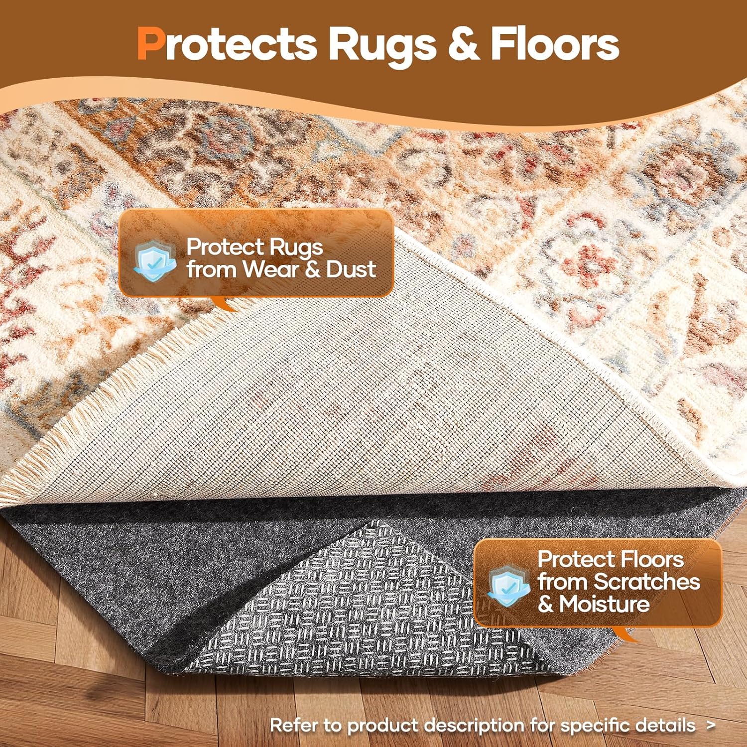 Veken Non-Slip Rug Pad - Cushioned Gripper for Hardwood Floors | 9 x 12 Ft, 1/4 Inch Thick