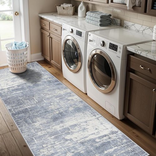 **Hallway Runner Rug - Abstract Stain Resistant | Ultra Soft Non-Slip Indoor Carpet (2x8, Blue/Ivory)**
