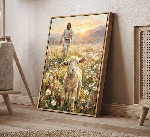 Framed Jesus and Lamb Canvas Wall Art - Inspiring Christian Decor for Bedroom or Prayer Room