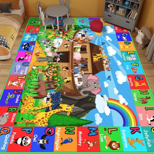 DINSUMRUG ABC Kids Rug for Playroom 59×39.4 in Noah's Ark Animals Rug Baby Play Mat Alphabet Mat Shape Color Classroom Carpet Kids Playroom Early Learning Carpet for Preschool Toddlers Tummy Time