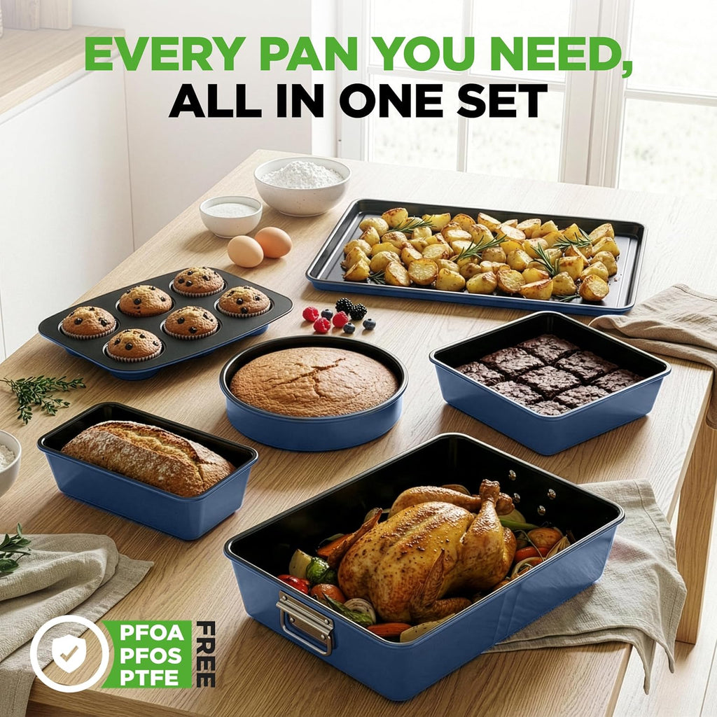 NutriChef 8-Piece Nonstick Bakeware Set - Oven Safe Baking Trays & Pans in Blue