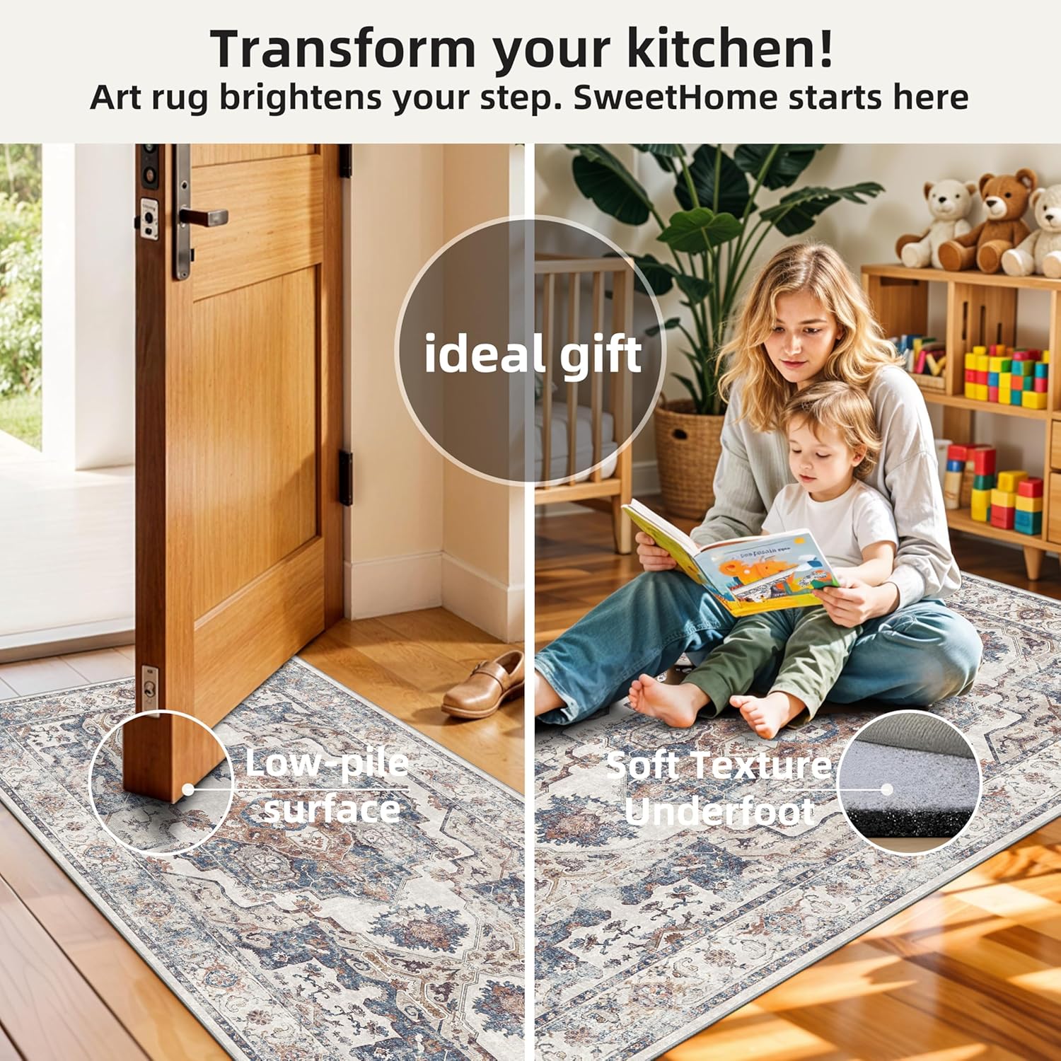 Skiennix Washable Kitchen Rug Set - Non-Slip, Soft & Stain Resistant Mats for Entryway | 3-Piece (2x3, 2x4, 2x5) in Brick