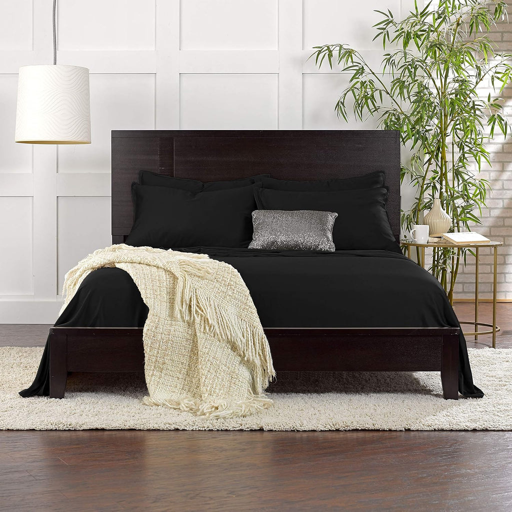 Pure Bamboo Full Bed Sheet Set - 100% Organic Viscose, Luxuriously Soft & Cooling, Double Stitching | Black