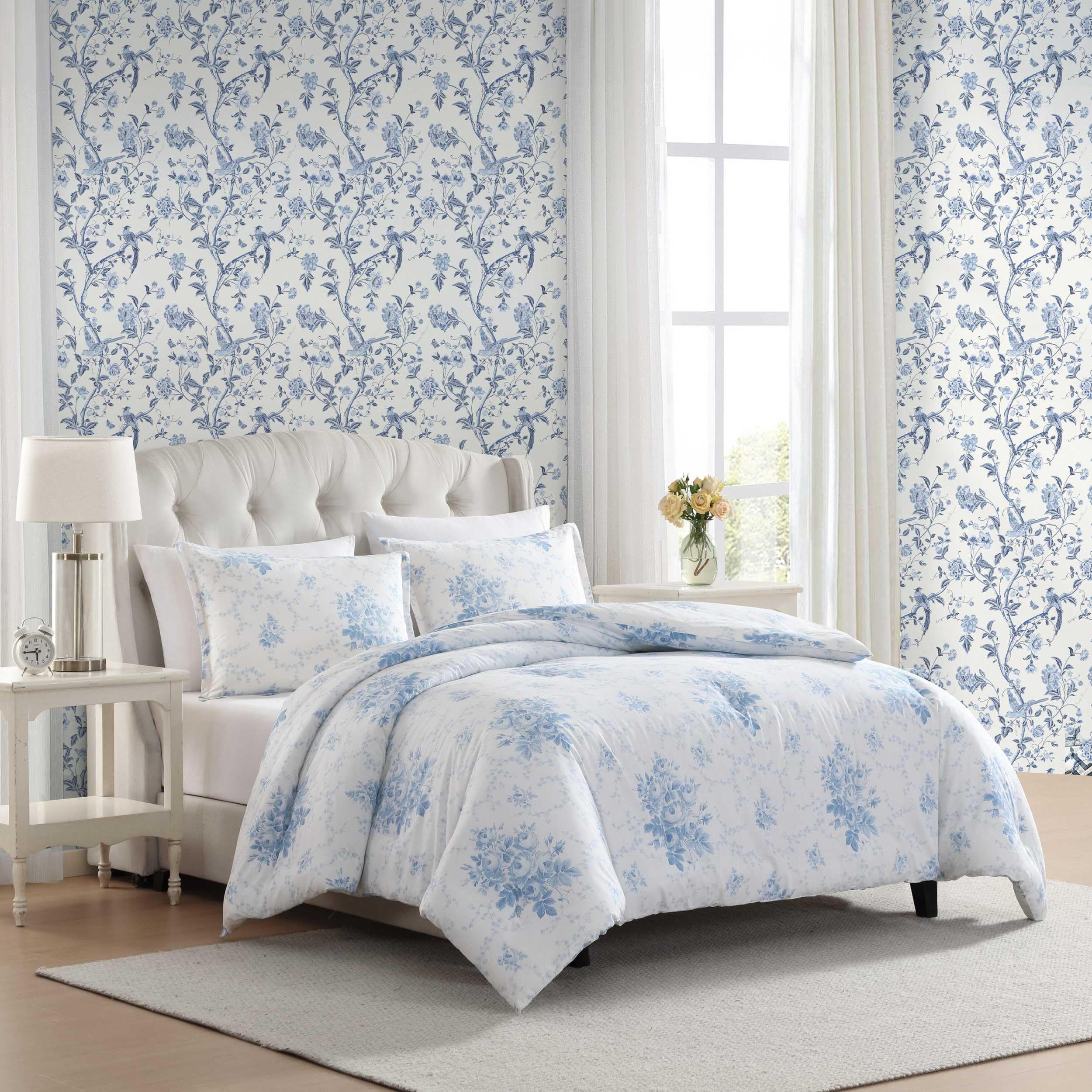 Laura Ashley - Full/Queen Duvet Cover Set, Plain Weave Cotton Bedding with Matching Shams, Button Closure, Lightweight for Year Round Use, Oeko-Tex Certified (Sophia Blue)