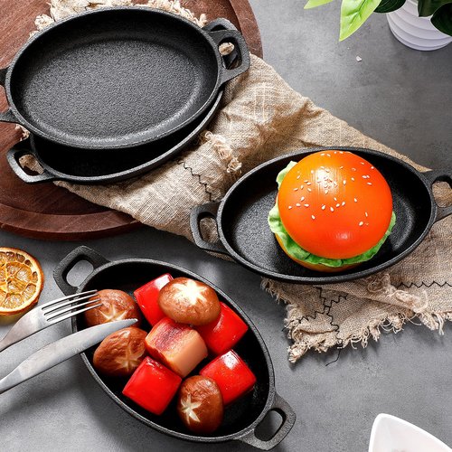 Mifoci 8 Pack Mini Cast Iron Fajita Skillet, 7.1" x 4.7" Oval Sizzling Steak Plate Pan Small Ramekin Set Black Casserole Dish for Stove Oven Grill Restaurant Kitchen Indoor Outdoor Picnic