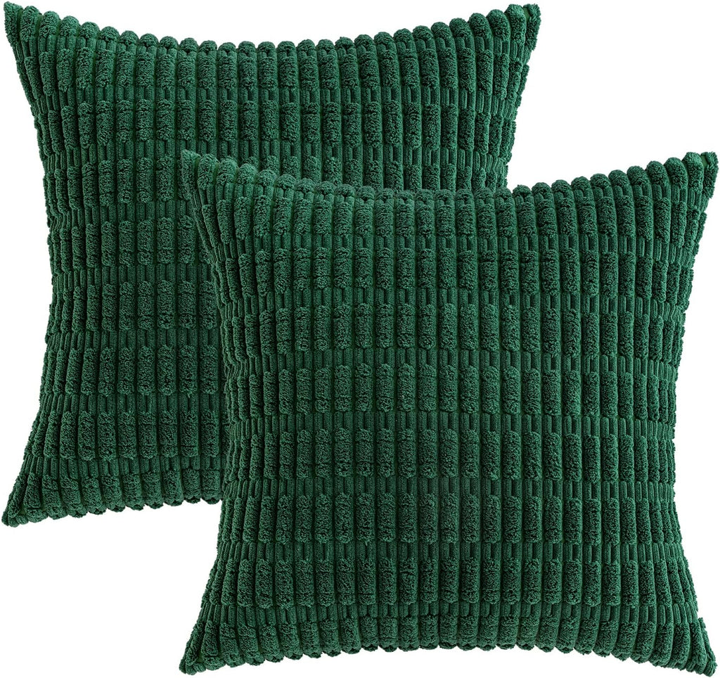 MIULEE Dark Green Corduroy Decorative Pillow Covers - Soft Boho Striped 18x18 Inch | Modern Farmhouse Decor