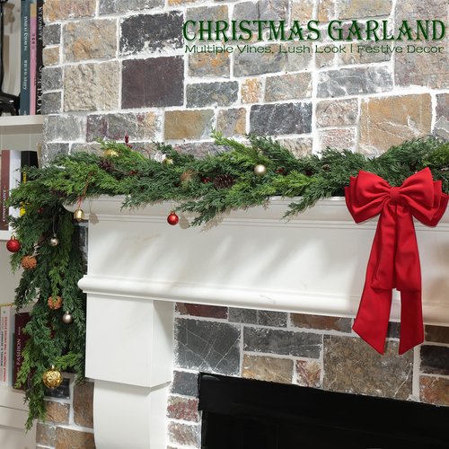 QXXQ 6 Feet Christmas Garland -Real Touch Cedar Garland - Christmas Decorations -Christmas Garland for Table, Wall, Mantle,Outdoor Indoor - Garland for Christmas Decorations Free LED String Lights