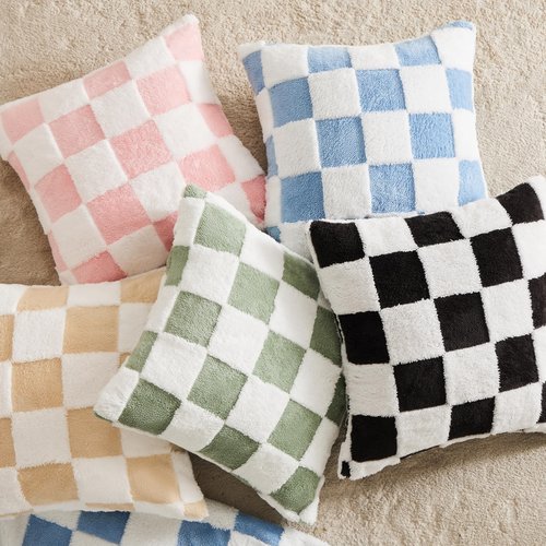 Ohocut Checkered Jacquard Shag Throw Pillow Covers, Pack of 2 Fluffy Sage Green Cute Decorative Aesthetic Soft Checerked Throw Pillow Cases for Couch Sofa Bedroom,18x18 Inch